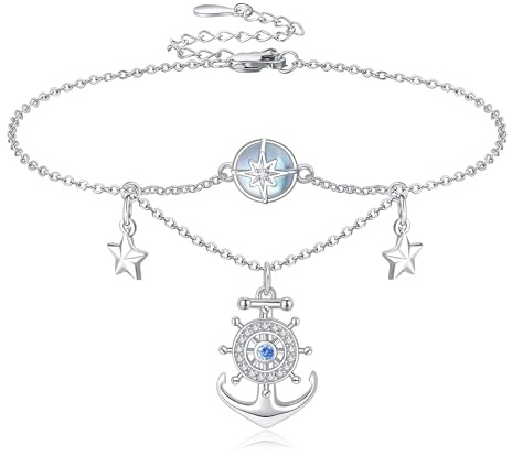 CUPENDA Moonstone Compass Ankle Bracelet Sterling Silver Anchor Layered Anklet Adjustable Beach Ankle Bracelet Jewellery Graduation Gifts for Women Girls