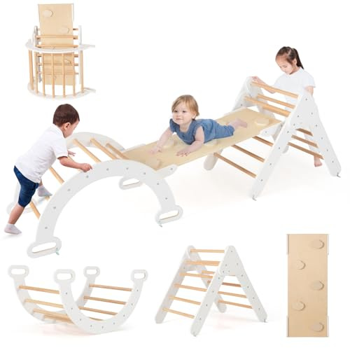 COSTWAY 7 en 1 Triángulo de Escalada de Madera para Niños, Juego de Escalada con Triángulo, Arco, Rampa para Deslizarse o Escalar, Set de Escalada Montessori para Niños 1+ Año (Gris)
