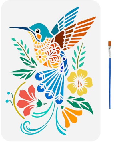 FINGERINSPIRE Plantilla de pintura de colibrí con pincel, 21 x 29,7 cm, plantilla de flores y colibríes, plantilla reutilizable con patrón de colibrí, plantilla temática de animales, plantilla de