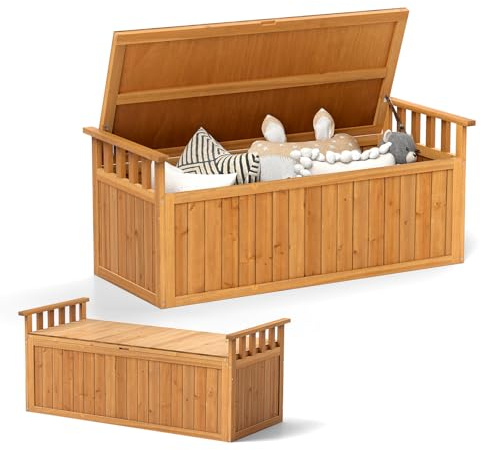 GOPLUS Caja de Almacenaje 209L de Madera para Exteriores, Banco de Jardín con Reposabrazos y Almacenamiento Oculto, Baúl Exterior para Organizar y Relajarse para Jardín, Porche y Piscina (Natural)
