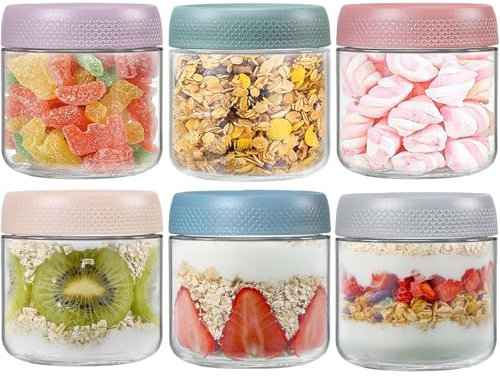 TempFoo Overnight Oats Jar Container set 6, 350ml Glass Mason Jars with Lids, Cereal Milk Vegetable Fruit Salad Jam Protein Porridge Clear Storage Containers, Breakfast Pots with Lid
