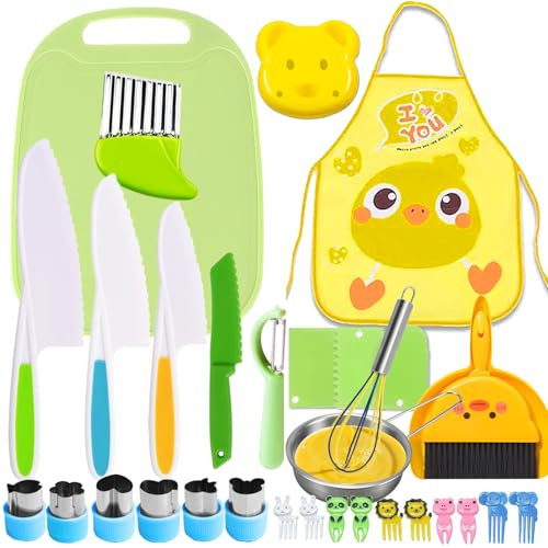 SUNXBUK 31 Pièces Kit de Couteau de Cuisine pour Enfants,Couteau Montessori, kit Securite de Cuisine,Enfants à Partir de 2 Ans,Pour Couper et Cuire les Fruits et Légumes en Toute Sécurité