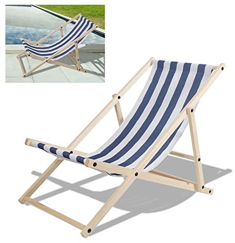 Liegestuhl aus Holz - Premium Liege für Erwachsene, Relaxliege Strand- und Campingstuhl mit modernem blau-weißen Streifendesign, ideal für den Außenbereich