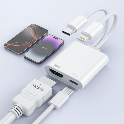USB-C and Lightning to HDMI Adapter for iPhone ipad to TV [2025 New, MFi Certified], 2 in 1 4K@60 Hz Sync Screen Apple Lightning to Digital AV Adapter for MacBook, iPhone16/15, iPad to TV/Projector