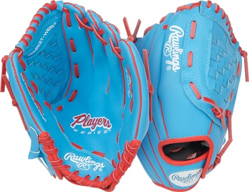 Rawlings Players Series T-Ball & Youth Baseball Glove | Sizes 9-11.5 Player's Guante de béisbol, Niños, Columbia Blue Scarlet, 26,67 cm