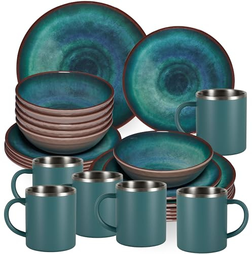 Jesolo Service de table en mélamine vert pour 6 personnes – 24 pièces avec tasses en acier inoxydable aspect faïence passe au lave-vaisselle Vaisselle de camping caravane camping festival