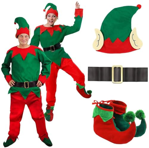 Adults Elf Costume - XXLarge - 5 Piece Outfit with Green Long Sleeve Top, Red Trousers, Hat, Black Belt with Gold Buckle and Boots - Festive Fancy Dress for Christmas Parties and Nativity Events