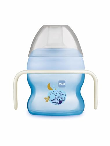 MAM Bicchiere da apprendimento, a partire da 4 mesi, 150 ml, Primo bicchiere del bambino, ugello anti-spargimento, in silicone, facile accettazione, con manici che si illuminano al buio, blu,