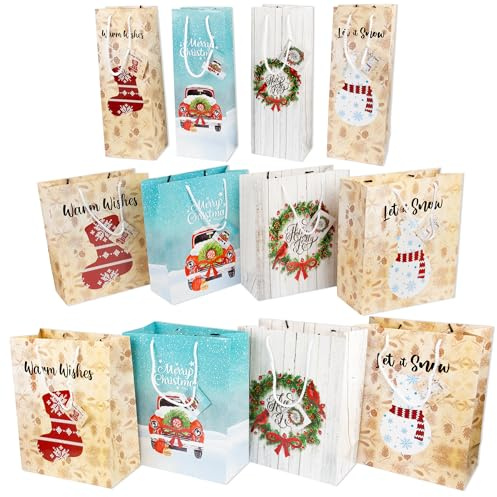Christmas Jingle Bags - Set of 12 Assorted Sizes - Includes 4 Large, 4 Medium, and 4 Wine Bottle Bags