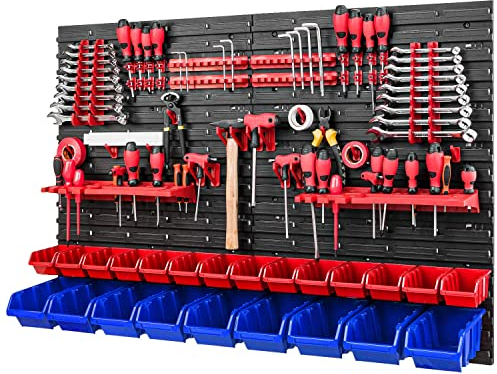 Werkzeugwand Stapelboxen - 1152 x 780 mm - Lagersystem SET Werkzeughaltern und 23 Rot/Blau Boxen - Wandregal Werkstattregal Lochwand Schüttenregal Sichtlagerkästen