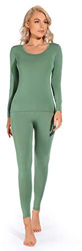 Liang Rou Women's Crew Neck Top & Bottom Ultra Thin Thermal Underwear Set Eco Green X-Large