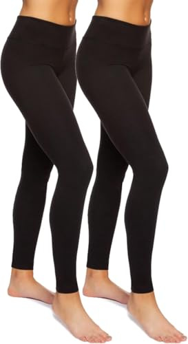 Jezebel Women's Leggings Wide Waistband Suede Light Weight Super Soft Mid Rise Silhouette 2 Pack UK Size L Black Multipack