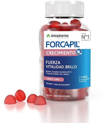 Arkopharma Forcapil Croissance, 60 gummies, Caramètres en caoutchouc Saveur fruits Rouge, Force, Vitalité et Brillant, Haute Concentration en biotine, Vitamine B et C, complément alimentaire