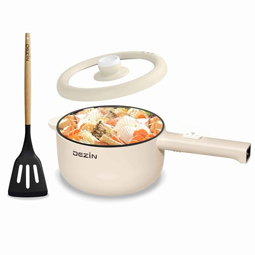 Dezin Hot Pot Electric, 2L Non-Stick Sauté Pan, Rapid Noodles Cooker, Mini Portable Pot for Steak, Egg, Fried Rice, Ramen, Oatmeal, Soup with Power Adjustment & Spatula, College Dorm Room Essential