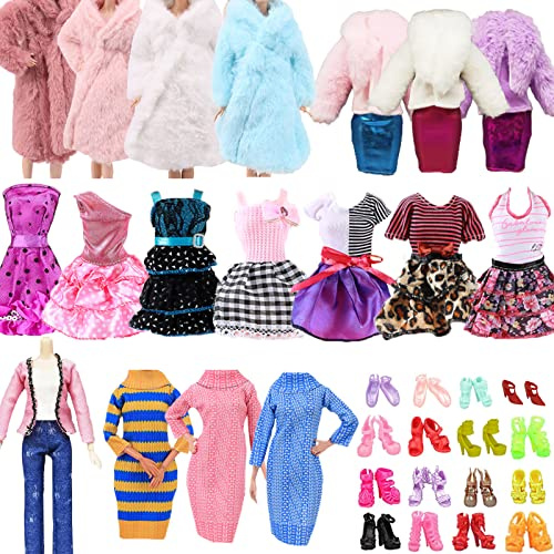 Vêtements compatibles avec Barbie, 3 Jupes Tendance 1 Pull 1 Manteau d'hiver 1 Manteau en Fourrure 1 Ensemble de vêtements et 10 Paires de Chaussures pour poupée de 11,5 Pouce ( Non Poupée)