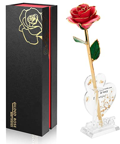 Ariceleo Gold Dipped Infinity Rose Last Forever Flower Decor, Birthday Gift for Women in Her Birthday Valentines Day Mothers Day, Resin Preserved Rose | Anniversary Present for Mom (Pink)