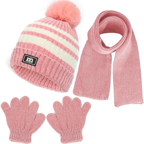 NLAND Set de Bufanda Gorro y Guantes para Niño Niña 3 Piezas Conjunto Accesorios de Invierno Gorro Térmico de Punto Bebé Cálido Guantes de Forro Polar para 1-5 Años(Rosa,Talla única)