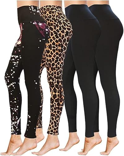 High Waisted Full Length Workout Not See Through Leggings Capri Shorts Soft Stretchy(S-M, 4 Pack (Galaxy, Leopard, 2 Black Leggings))