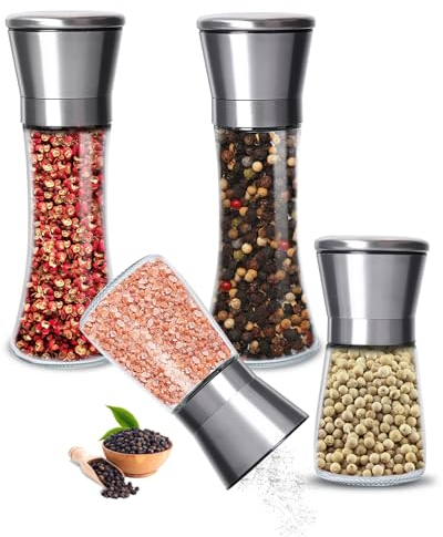 Gucass Set di 4 Pezzi Macina Sale e Pepe, Macinatore per Spezie Macinaspezie Acciaio Inossidabile, Smerigliatrice Ceramica Finezza Regolabile, Macinasale Macinapepe Manuale, 200ML & 180ML
