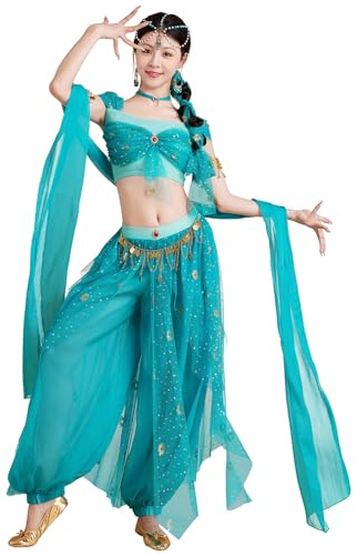 ELLYDOOR Arabisk jasminkostym för kvinnor ,prinsess-utklädnad för halloween, magdans, topp, byxor, outfit i 4 delar | Halloween födelsedag cosplay fest fin kostym magdans topp byxor 4 delar outfit