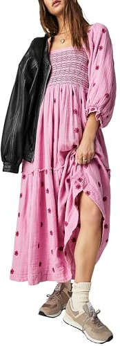 Acrawnni Women's Flower Embroidered Maxi Dress Long Puff Sleeve Square Neck Smocked Tiered Bohemian Flowy Dress Beach Long Dress (B-Pink, L)