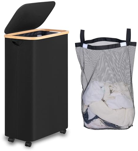 iEGrow Panier à Linge 75L avec Couvercle, Panier a Linge avec Roues et Poignée en Bambou, Corbeille a Linge avec sac Intérieur Amovible et Lavable pour Salle de Bains de Chambre à linge (Noir)
