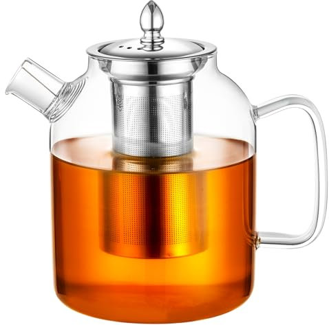 COPOTEA Glas Teekanne, Tee Kanne Mit Siebeinsatz Verbesserte, Sicherer Teapot Mit Sieb 1,5 liter, Glaskanne Tee Für Losen Tee Blühenden Tee, Mit Geschenkbox(1500 ml)