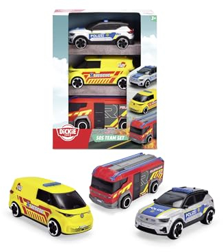 Dickie Toys - SOS-Team Spielzeugautos (je 15 cm) - 3er-Set Autos mit Freilauf für Kinder ab 3 Jahre, Volvo EX40 Polizeiauto, VW ID. Buzz Krankenwagen & Rosenbauer Penta Feuerwehrauto