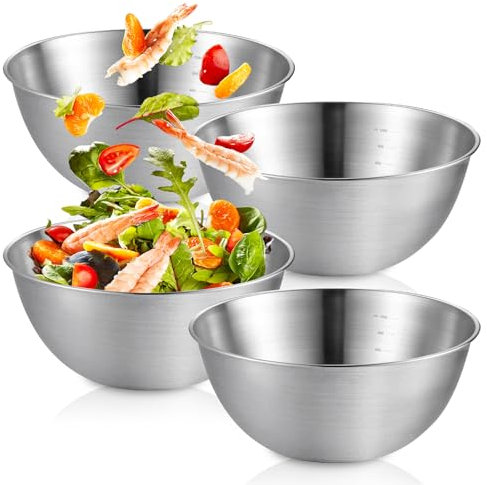 SUNOYA Bol Inox, Lot de 4 Bols Mélangeurs en Acier Inoxydable, Saladier Cul de Poule Inox, 19CM 1,2L, Empilables et Lavables au Lave-Vaisselle, pour Cuisson et Pâtisserie.