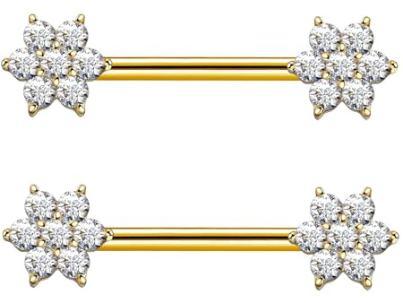 Gojewen Nipple Bars Gold 14G Stainless Steel Nipple Ring Flower 14mm Barbell Piercing Jewellery for Women