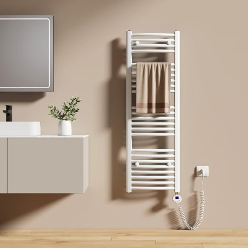 EMKE Scaldasalviette Elettrico per Bagno 120 x 40 cm, Radiatore Curvato con Termostato, Scaldasalviette, Supporto Porta-Asciugamani Elettrico, Bianco, 500 Watt