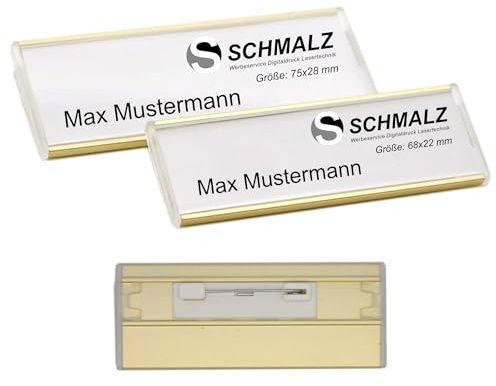Schmalz® 10 stycken aluminium namnskylt anodiserad av metall, med nålfäste, namnbricka för kläder, självskrivbar, självdesign (guld, 75 x 28 mm)