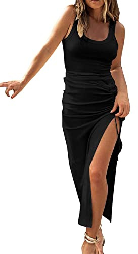 Oanviso Robe Longue sans Manche Femme Chic Et Elegant Ete Moulante Débardeur Décontracté Robes De Soirée Fendue Épaules Nues Robe De Cérémonie Cocktail Bal De Promo Fete