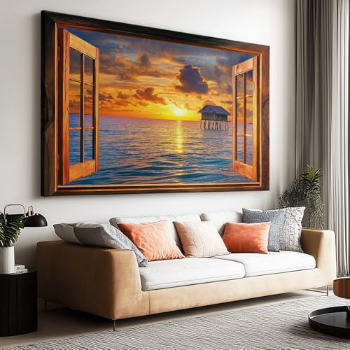 Quadri su tela 3D con vista finestra sul mare al tramonto, 120 x 60 cm - Immagine su tela - Quadro XXL grande per soggiorno, camera da letto, bagno, immagini per soggiorno