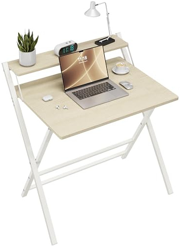 Yaheetech Escritorio de Ordenador Plegable 50x80x74.5cm con Estante de Monitor, Fácil de Plegar y desplegar, Adecuado para Dormitorio, Estudio y Salón, Beige
