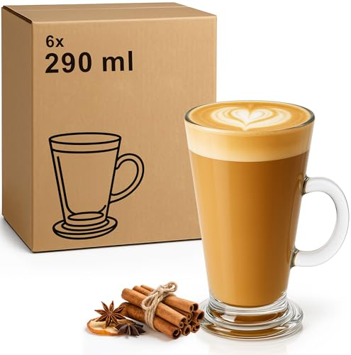 6 bicchieri da latte macchiato, 290 ml, per cappuccino, con manico, per bevande calde e fredde, resistenti al calore, lavabili in lavastoviglie