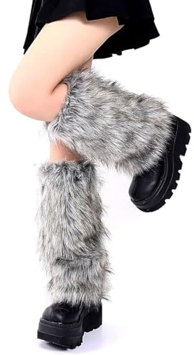 Muorruo Calentadores de Piernas Aterciopelados, Largas Polainas Peludas, Cubrebotas de Piel Cálidos para Mujeres y Niñas para Fiesta de los 80, Festival, Cosplay y Uso Diario en Invierno (Gris)