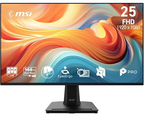 MSI Pro MP251A E14L 24,5 FHD 1920 x 1080, Monitor de Ordenador IPS, 144 Hz, 1 ms, Adaptive-Sync, protección Ocular, HDMI 1.4b, sin Marco, inclinación Ajustable, Montaje Vesa, Negro