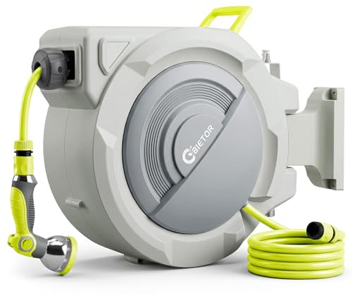 Bietor Retractable Garden Hose Reel, 1/2“ x 30m+2m Upgraded UV Resistant Heavy Duty Wall Mounted Hose Reel with 10 Patterns Nozzle, Any Length Lock, Slow Return System, 180°Swivel Bracket