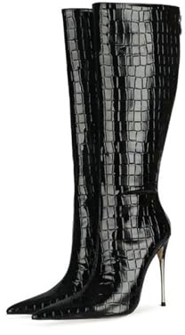 WOkismD Botas de Mujer hasta la Rodilla con Relieve, tacón de Aguja, Cuero sintético Tipo Charol, Punta Puntiaguda, Cremallera Trasera,Negro,40 EU