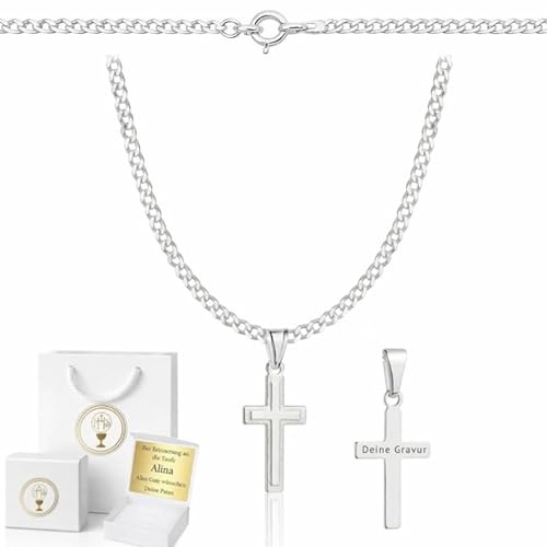 ZELYA Cadena de plata con cruz de plata de ley 925 cadena de eslabones para niñas y niños – 45-60 cm cadena de comunión con cruz, cadena infantil para comunión y bautizo, caja de regalo con grabado