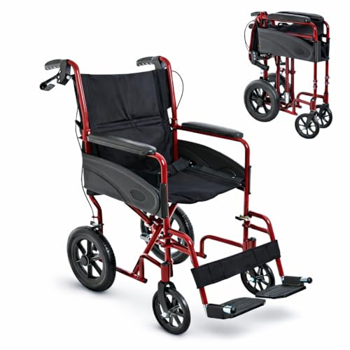 Lightweight Aluminium Folding Transit Compact Travel Wheelchair Net Carry Weight Only 9.5kg, Seatbelt, Attendant Brakes, Adjustable Footrests (Red, Standard)