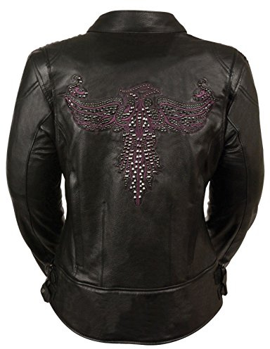 Woman's Motorcycle Riding Black & Purple Leather Jacket w/Pheonix Embroidery (US, Alpha, X-Large, Regular, Regular, Purple)