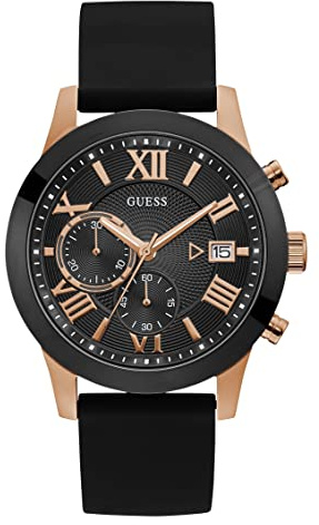 GUESS Comfortable Black + Rose Gold-Tone Stain Resistant Silicone Chronograph Watch with Date. Color:Black/Rose Gold-Tone (Model: U1055G3)