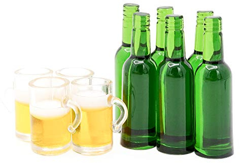 Odoria 1/8 Miniatura 6pz Botellas de Cerveza y 4pz Jarras Cocina Accesorio para Casa de Muñecas