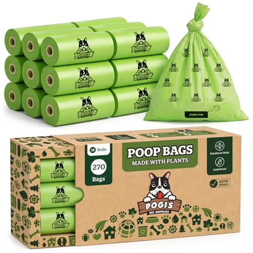 Pogi sacs à crottes pour chiens – à base de plantes, résistants et compostables (certifiés ASTM D6400) – 270 sacs