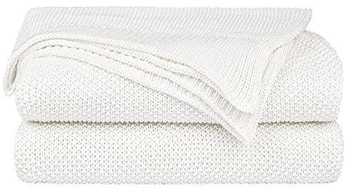 PiccoCasa 100% Cotton Knit Blanket Twin Size,Solid Lightweight Decorative Throws and Blankets,Soft Knitted Throw Blanket for Sofa Couch, White 60 x 78