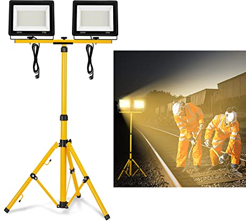 YRHome Lot de 2 Projecteurs de Chantier LED 200W Blanc Chaud Avec Trépied - Floodlight de Travail Avec Câble d'Alimentation Étanche IP66