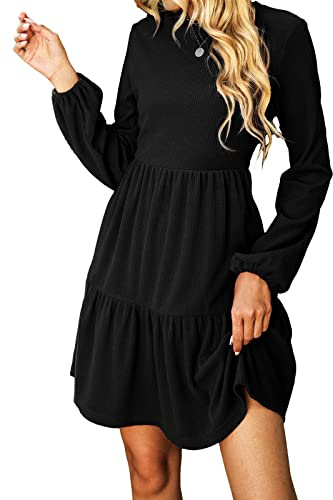 CUPSHE Mini abiti autunnali da donna in maglia casual a maniche lunghe girocollo fluidi a strati abito corto maglione increspato, nero, M