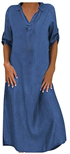 Jeansklänning dam sommar lång jeansskjorta stora storlekar maxiklänning kortärmade jeansklänningar vintage enfärgad skjortklänning lång blusklänning oversize sommarklänning skjorta denim klänning